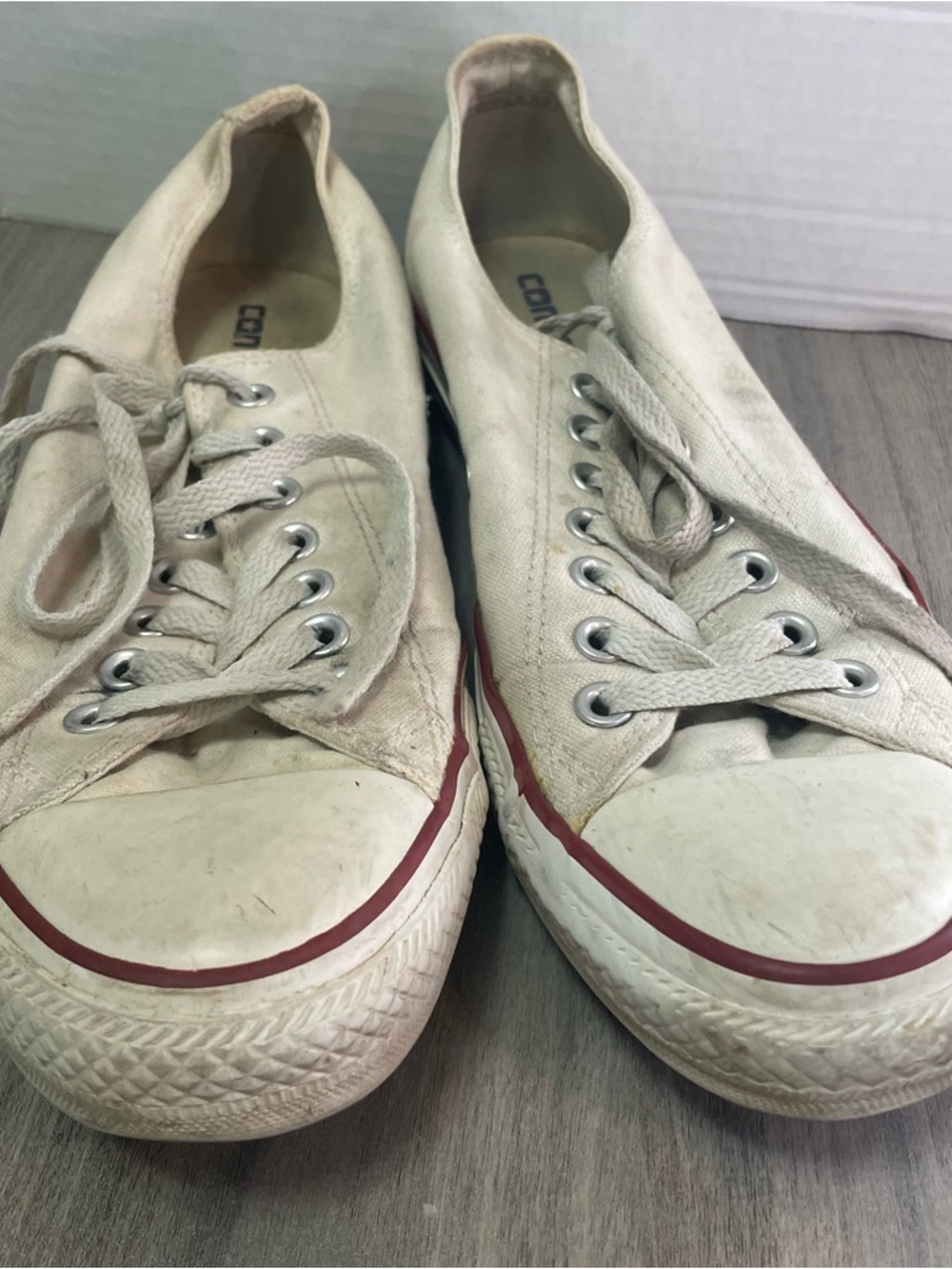 Classic Converse Canvas sneakers, pre worn, vintage, white with red stripe dirty